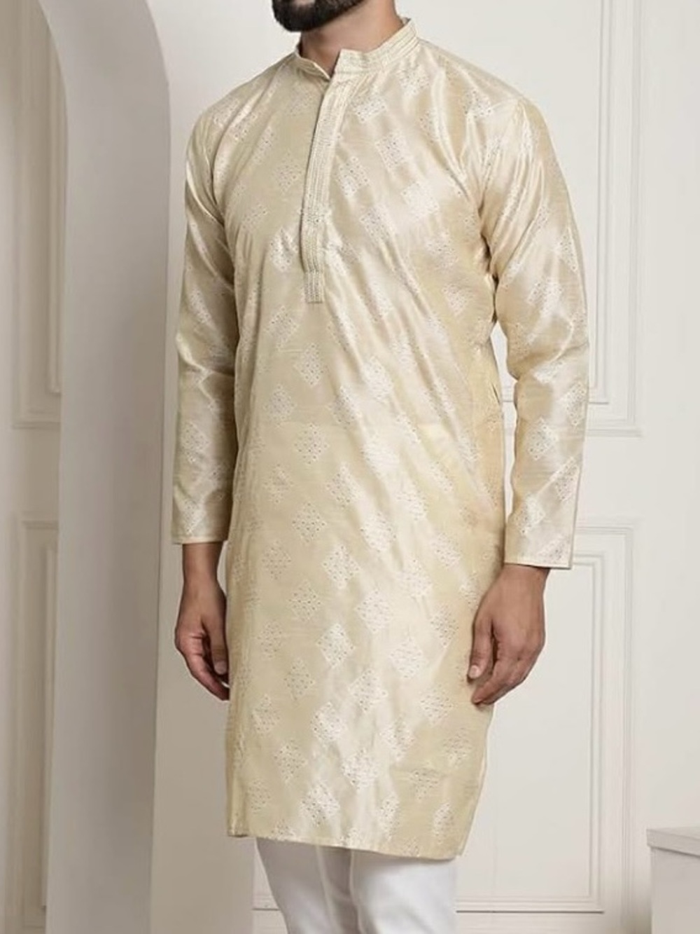 Sonjanya Gold jacquard silk Kurta with mandarin collar only no pants